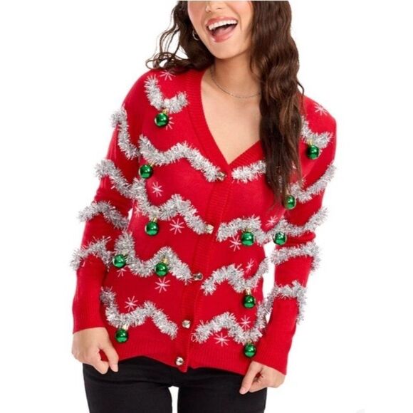 Tipsy Elves XL Red Christmas Balls Bells Tinsel Garland Ugly Sweater Cardigan - Picture 1 of 6